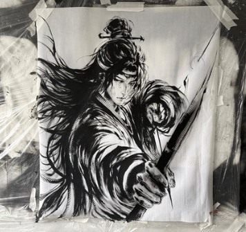 Samouraï peint à l'encre de Chine, sabre en main